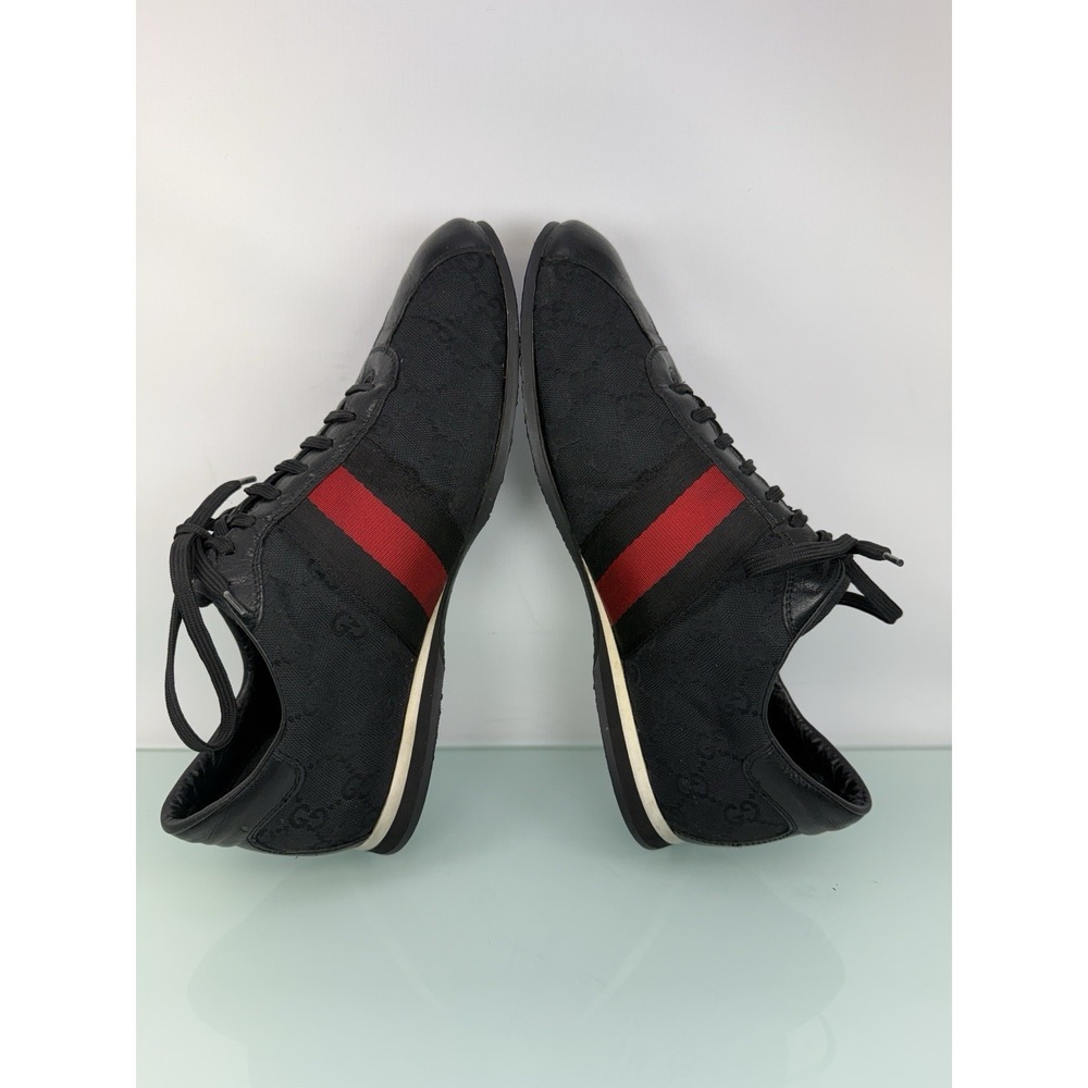 Gucci GG Canvas Low Top Sneakers Black Red Web Stripe Mens 8.5 D Leather Trim - Picture 4 of 9